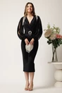 Rochie midi neagra din neopren cu franjuri din strasuri la umeri si curea in talie, 3, dyfashion.ro
