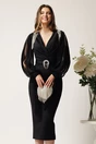 Rochie midi neagra din neopren cu franjuri din strasuri la umeri si curea in talie, 1, dyfashion.ro