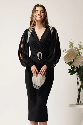 Rochie midi neagra din neopren cu franjuri din strasuri la umeri si curea in talie