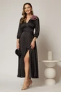 Rochie midi neagra din satin cu buline roz, 1, dyfashion.ro