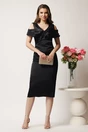 Rochie midi neagra din satin cu paiete la bust si manecute lasate pe umeri- Leonard Collection, 3, dyfashion.ro