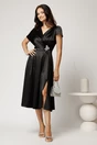 Rochie midi neagra din satin in clos cu accesoriu din strasuri in talie, 3, dyfashion.ro