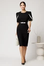 Rochie midi neagra din stofa cu croi conic si detalii ivory la maneci, 3, dyfashion.ro