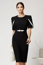 Rochie midi neagra din stofa cu croi conic si detalii ivory la maneci, 1, dyfashion.ro
