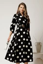 Rochie midi neagra din stofa in clos cu buline mari si curea in talie, 1, dyfashion.ro