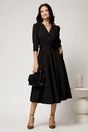 Rochie midi neagra din stofa in clos cu floare in talie, 3, dyfashion.ro