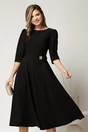 Rochie midi neagra din stofa in clos cu floare in talie, 1, dyfashion.ro