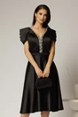 Rochie midi neagra din tafta cu aplicatii la decolteu si pliuri la maneci, 1, dyfashion.ro