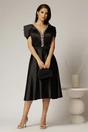 Rochie midi neagra din tafta cu aplicatii la decolteu si pliuri la maneci, 3, dyfashion.ro