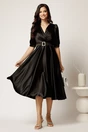 Rochie midi neagra din tafta cu decolteu in V si cordon cu catarama, 3, dyfashion.ro