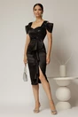 Rochie midi neagra din tafta cu paiete si volanas pe fusta, 3, dyfashion.ro