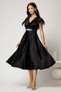 Rochie midi neagra din tafta cu pene la umeri si cordon in talie, 3, dyfashion.ro