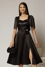 Rochie midi neagra din tafta si paiete cu funda ampla pe talie, 1, dyfashion.ro