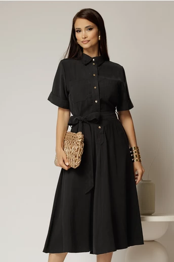 Rochie midi neagra din tencel cu guler tip camasa si maneci scurte