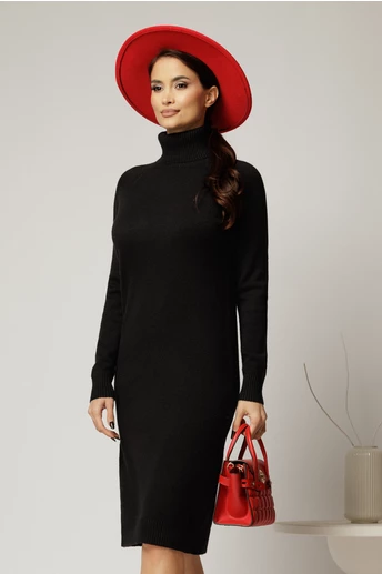 Rochie midi neagra din tricot cu guler intors