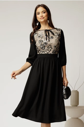Rochie midi neagra din triplu voal in clos cu bust bej din dantela