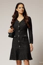 Rochie midi neagra din tweed cu volanas la baza si nasturi, 1, dyfashion.ro