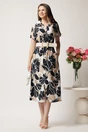 Rochie midi neagra din viscoza cu imprimeu bej si curea in talie, 3, dyfashion.ro