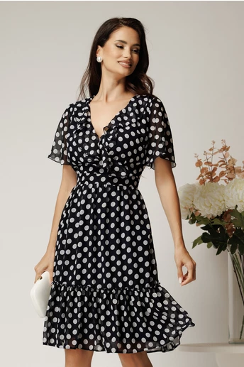 Rochie midi neagra din voal cu buline albe si volane