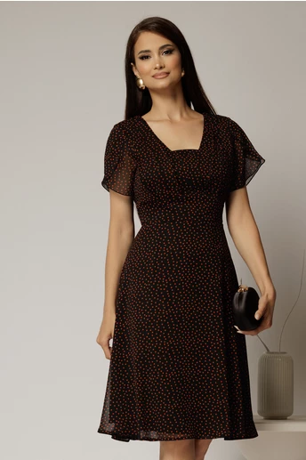 Rochie midi neagra din voal cu buline si maneci scurte petrecute