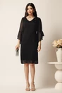 Rochie midi neagra din voal cu croi drept si strasuri pe maneci- Viada, 3, dyfashion.ro