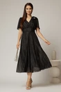 Rochie midi neagra din voal cu fir lurex si floare la umar, 3, dyfashion.ro