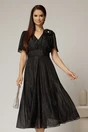 Rochie midi neagra din voal cu fir lurex si floare la umar, 1, dyfashion.ro