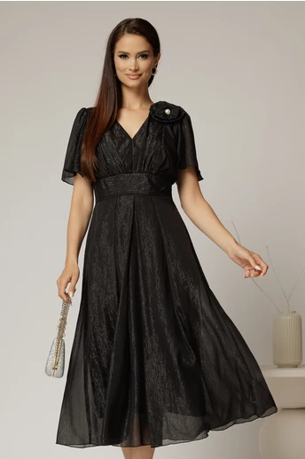 Rochie midi neagra din voal cu fir lurex si floare la umar
