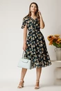 Rochie midi neagra din voal cu imprimeuri florale bej in clos cu volanase, 3, dyfashion.ro
