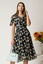 Rochie midi neagra din voal cu imprimeuri florale bej in clos cu volanase, 1, dyfashion.ro