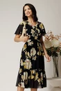 Rochie midi neagra din voal cu imprimeuri florale galbene in clos cu volanase, 1, dyfashion.ro