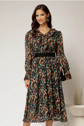 Rochie midi neagra din voal cu imprimeuri verzi si funda la decolteu