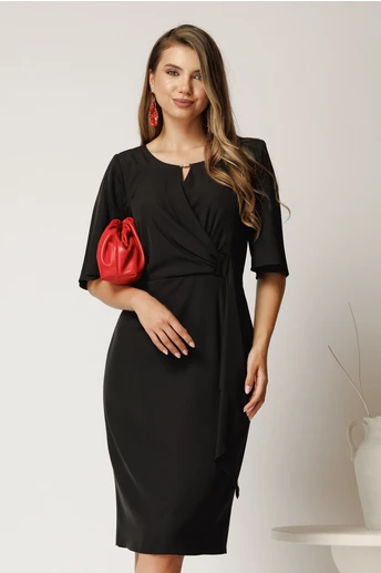 Rochie midi neagra din voal cu pliuri si volanas in talie