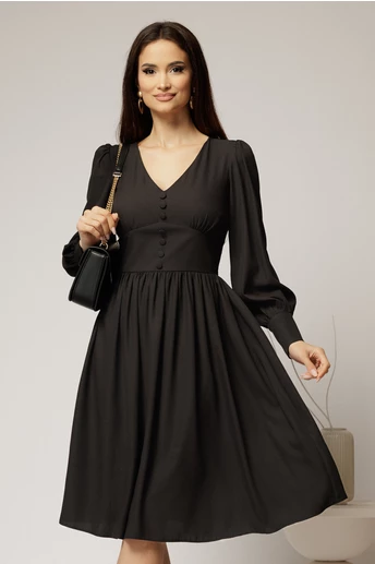 Rochie midi neagra din voal plin cu nasturi pe bust