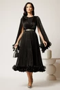 Rochie midi neagra din voal satinat in clos cu floare la bust si curea din strasuri in talie, 2, dyfashion.ro
