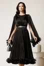 Rochie midi neagra din voal satinat in clos cu floare la bust si curea din strasuri in talie, 1, dyfashion.ro