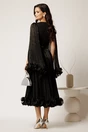 Rochie midi neagra din voal satinat in clos cu floare la bust si curea din strasuri in talie, 3, dyfashion.ro