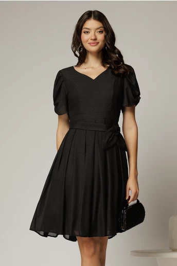 Rochie midi neagra din voal sidefat si cordon detasabil