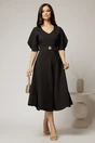Rochie midi neagra eleganta cu fusta clos, decolteu adanc in V si maneci bufante, 3, dyfashion.ro