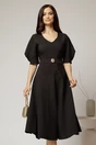 Rochie midi neagra eleganta cu fusta clos, decolteu adanc in V si maneci bufante, 1, dyfashion.ro