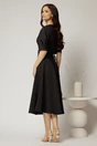Rochie midi neagra eleganta cu fusta clos, decolteu adanc in V si maneci bufante, 2, dyfashion.ro