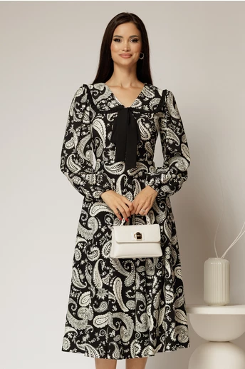 Rochie midi neagra imprimeu floral ivoire cu guler evidentiat cu volanas