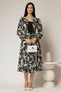 Rochie midi neagra imprimeu floral ivoire cu guler evidentiat cu volanas, 3, dyfashion.ro