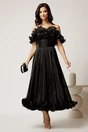 Rochie midi neagra in clos din voal satinat cu volanase la bust si la baza, 2, dyfashion.ro
