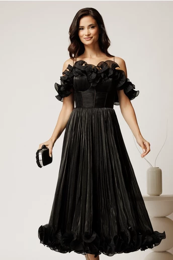 Rochie midi neagra in clos din voal satinat cu volanase la bust si la baza