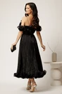 Rochie midi neagra in clos din voal satinat cu volanase la bust si la baza, 3, dyfashion.ro