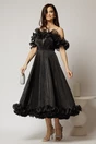 Rochie midi neagra in clos din voal satinat cu volanase la bust si la baza, 3, dyfashion.ro