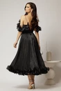 Rochie midi neagra in clos din voal satinat cu volanase la bust si la baza, 2, dyfashion.ro