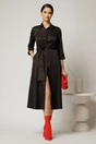 Rochie midi neagra tip camasa din bumbac cu cordon in talie, 3, dyfashion.ro