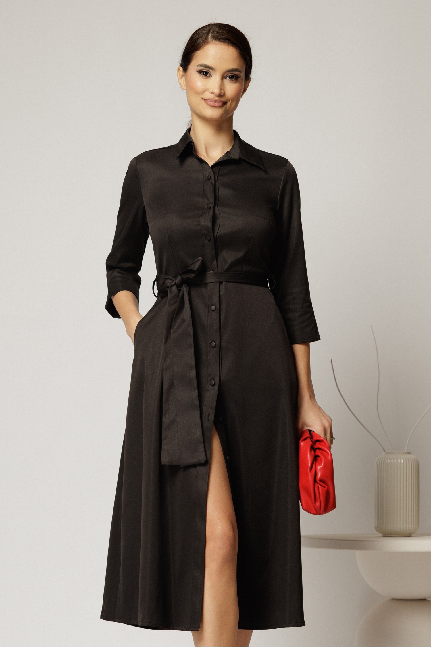 Rochie midi neagra tip camasa din bumbac cu cordon in talie